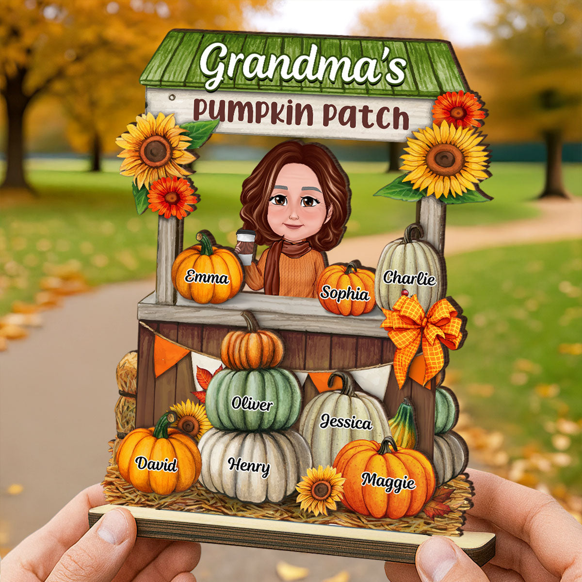 Grandma Mom Fall Season Pumpkin Stand Personalized Wooden Plaque, Meaningful Gift for Grandma