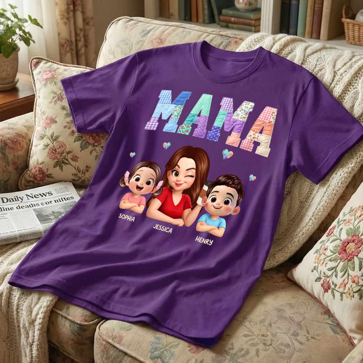 Patchwork Floral Mama Faux Embroidered - Personalized Shirt - Gift for Mom