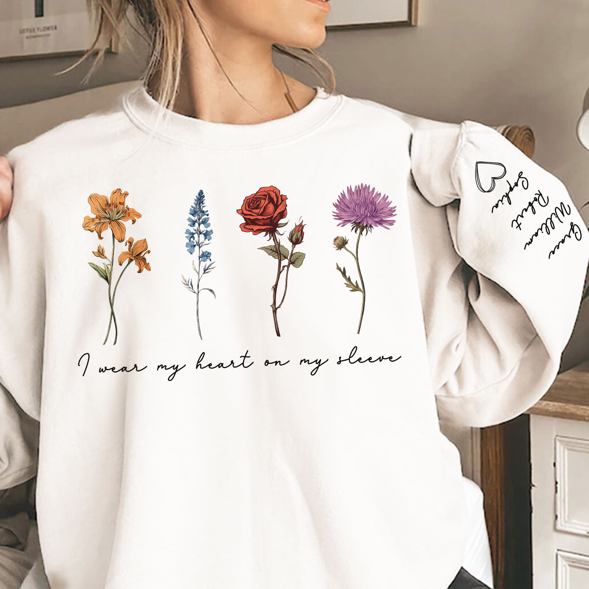 Vintage Birth Month Flowers Personalized Sleeve Printed Sweatshirt, Gift For Mom Granma Aunt