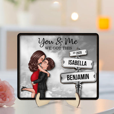 Couple Hugging Milestone Together Personalized Crossroads Street Sign 2-Layered Wooden Plaque, Best Home Bedroom Desk Decor For Couples,  Gift For Her, For Him