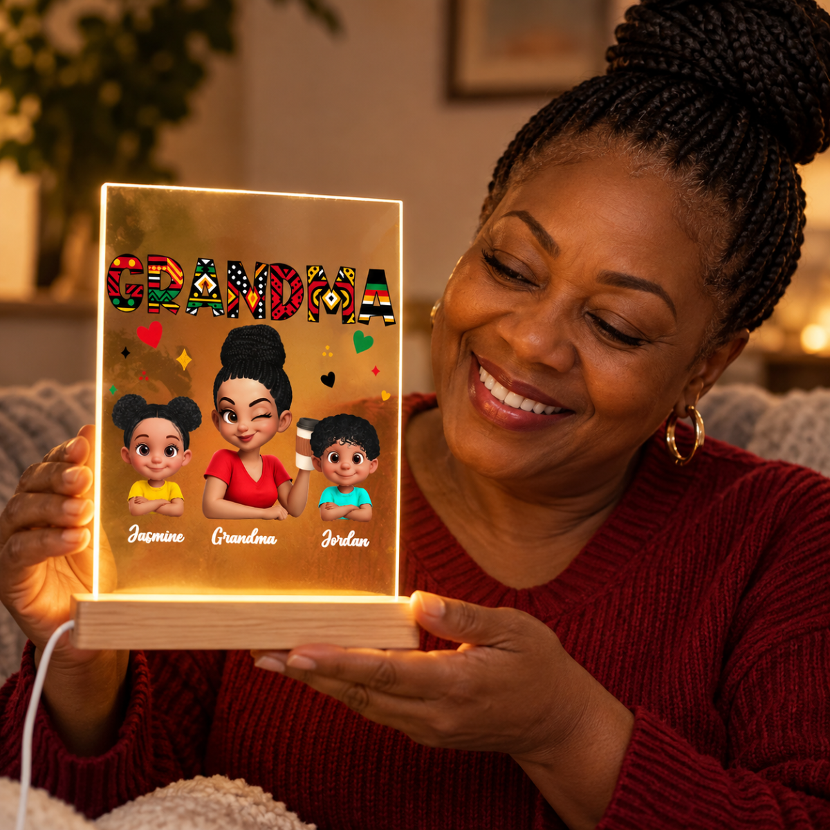 Tribal Pattern Grandma Grandkids Love - Personalized Acrylic Plaque LED Night Light - Gift For Grandma