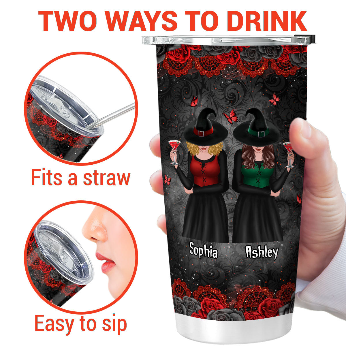 Roses Halloween Front View Besties Witches Gift For Best Friends Personalized Tumbler