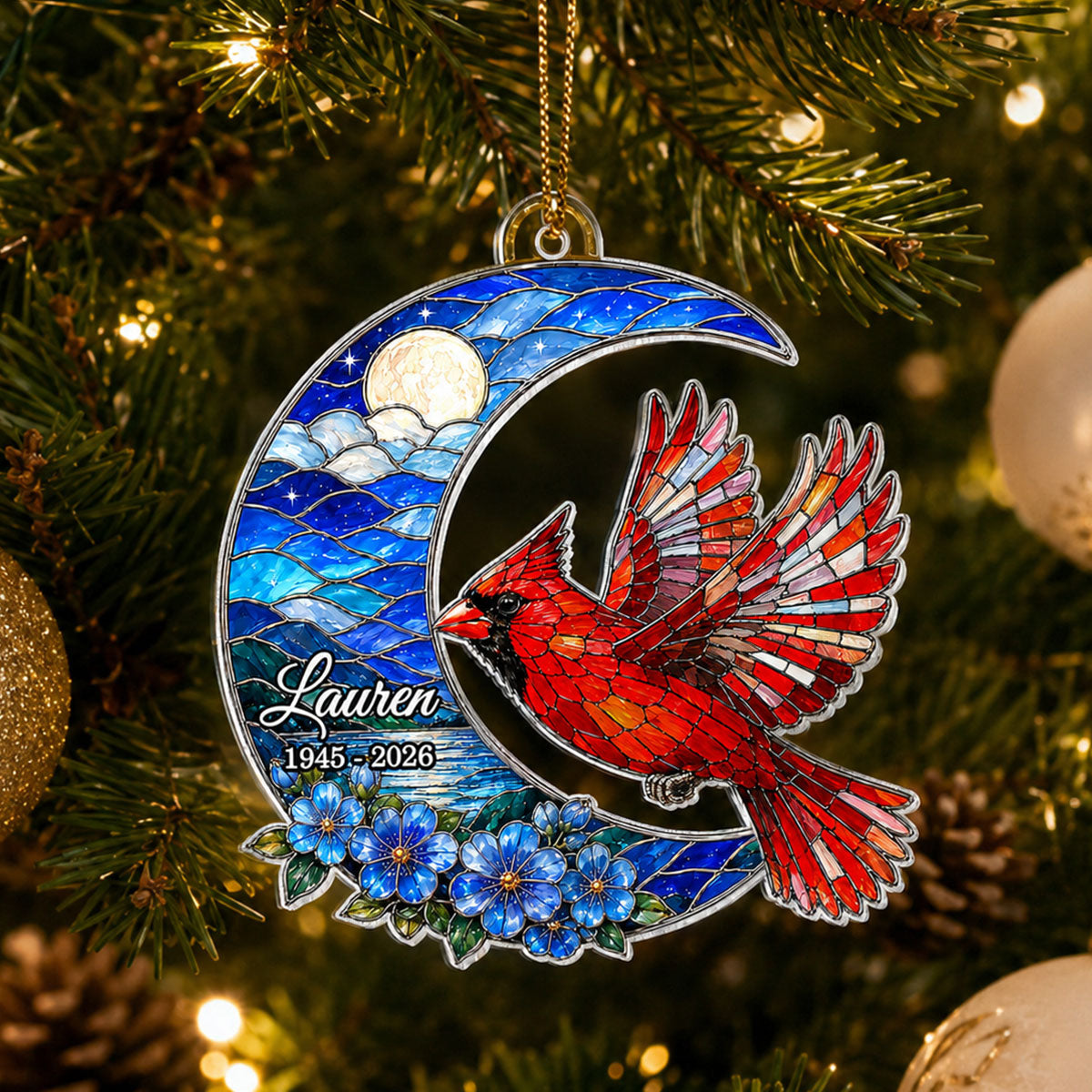 Cardinal Beneath the Blue Moon - Personalized Acrylic Ornament - Memorial Sympathy Gift