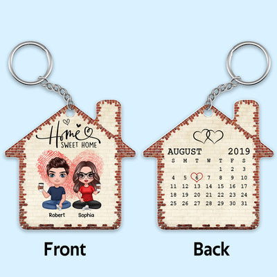Home Sweet Home Doll Couple Sitting Fingerprint Heart Calendar Date Personalized Acrylic Keychain