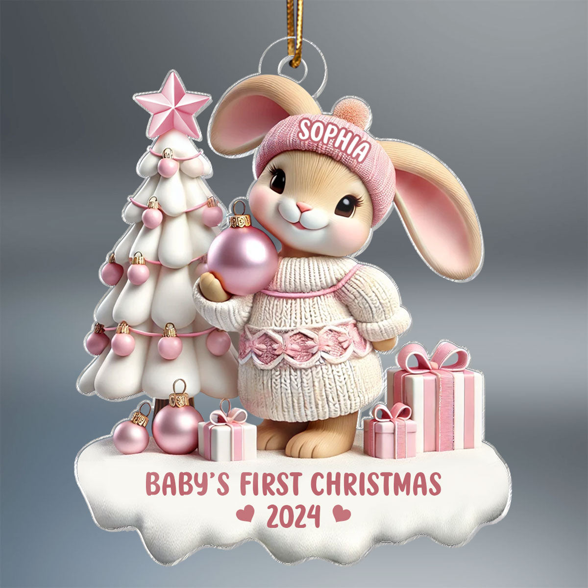 3D Effect Cute Bunny Baby's First Christmas Personalized Acrylic Ornament, Christmas Gift For Newborns, New Grandparents