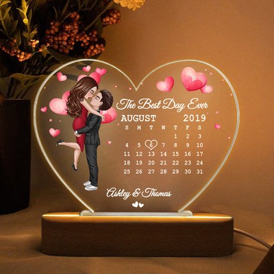 Doll Couple Hugging Kissing Together Since Anniversary Date Calendar Personalized Acrylic Heart Plaque With LED Night Light - Anniversary Gift For Couple - Gift For Him, Gift For Her