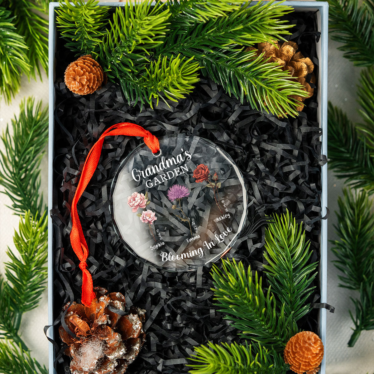 Grandma's Garden Blooming In Love Personalized Glass Ornament, Christmas Gift For Grandma Granddaughter Grandson