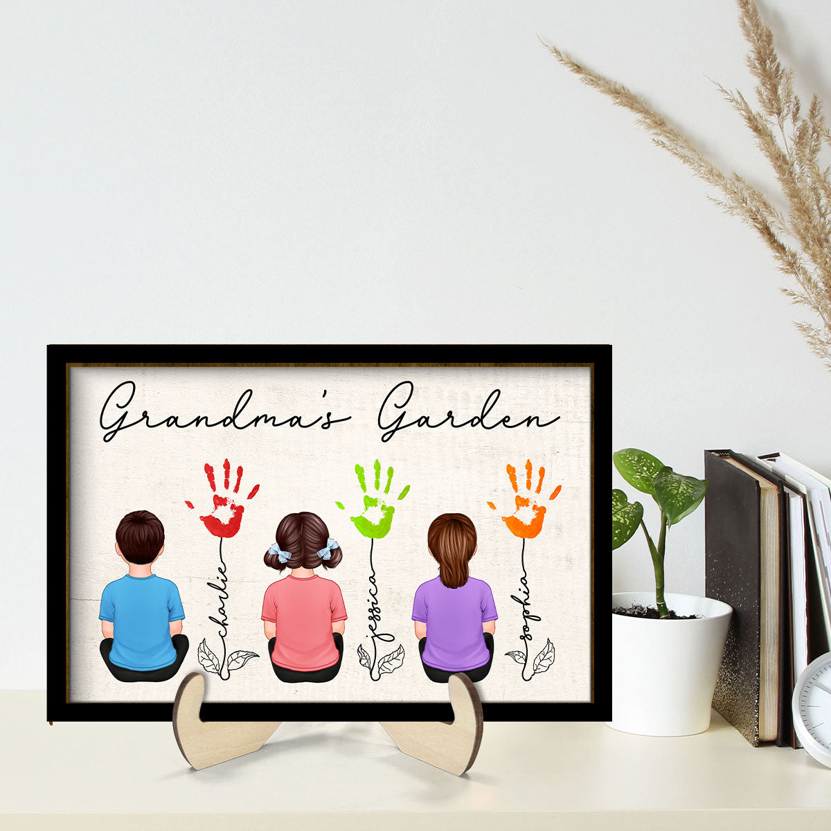 Grandma Garden Handprints Kids Sitting Back View Personalized 2-layer Wooden Plaque