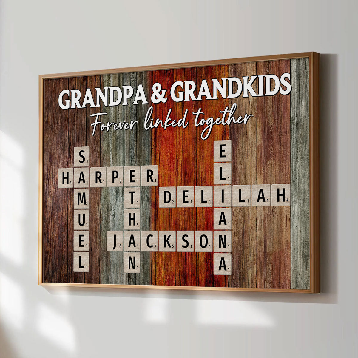 Grandpa & Grandkids Forever Linked Together Crossword Puzzle Art Rustic Personalized Poster, Heartfelt Father's Day Gift For Grandpa