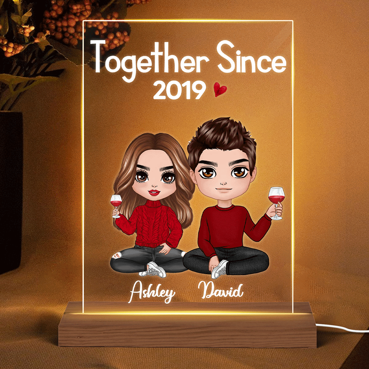 Couple Sitting - Personalized Acrylic Block Plaque LED Night Light - Anniversary Gift For Him, Gift For Her