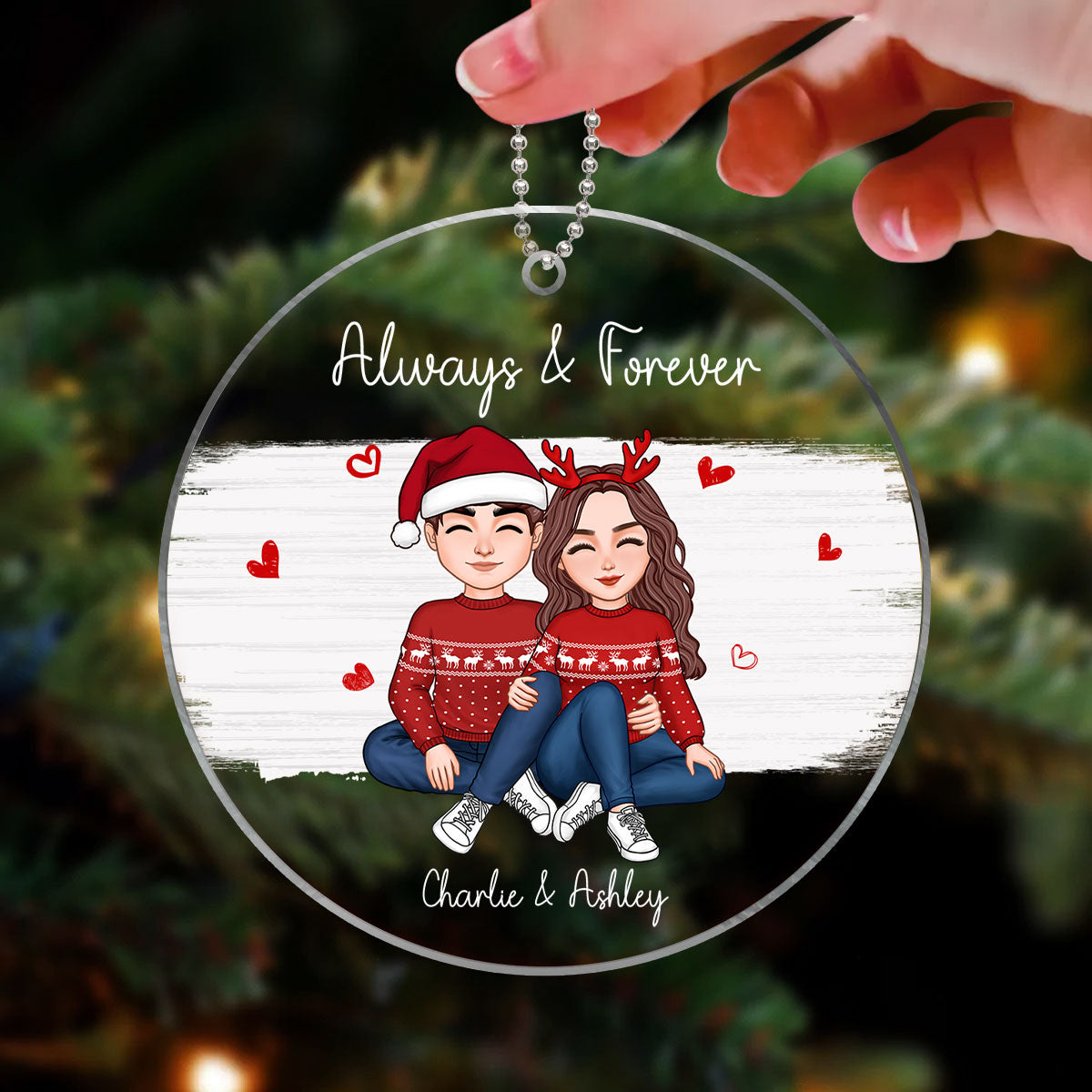 Watercolor Christmas Cute Couple Sitting Hugging Personalized Acrylic Ornament