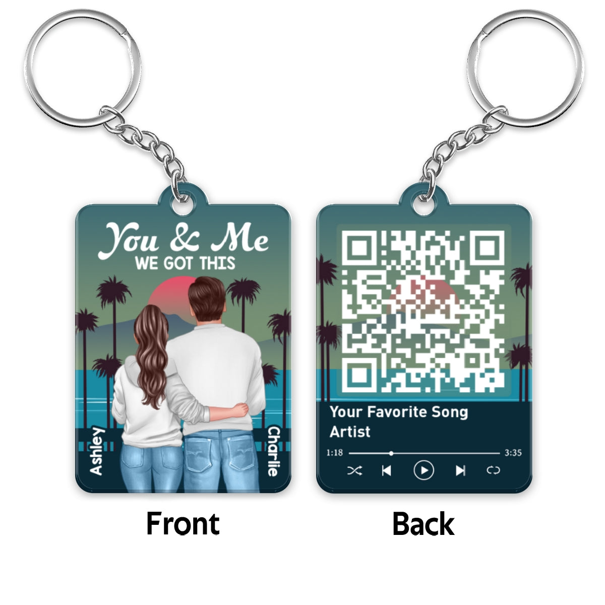 Retro Back View Couple Standing Hugging Favorite Song QR Code Personalized Acrylic Keychain