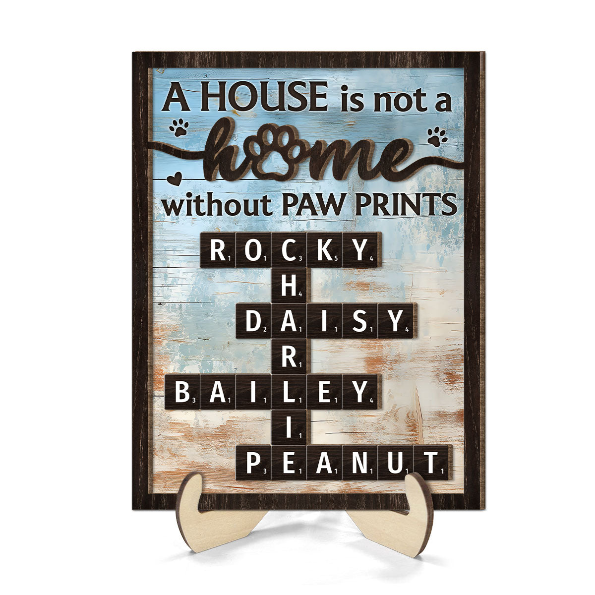 Home With Paw Prints Pet Crossword Puzzle Art Personalized 2-Layer Wooden Plaque
