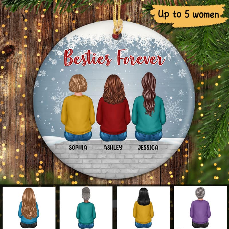 Best Friends Sisters Sitting On Snow Wall Personalized Circle Ornament