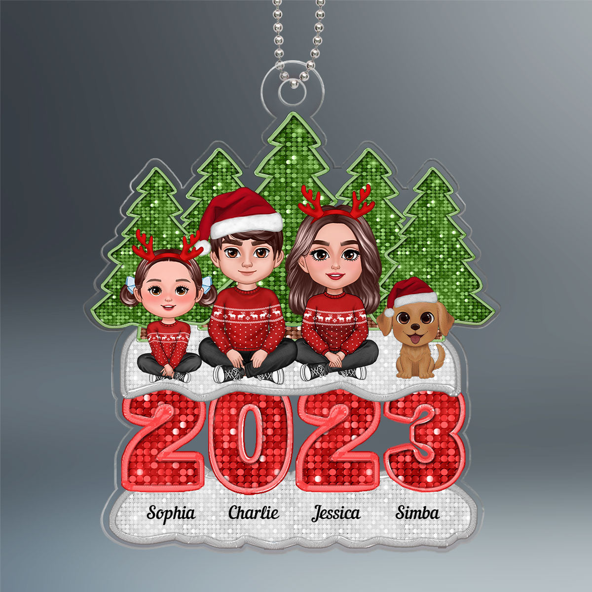 Faux Sequins Family Sitting On 2023 Christmas Tree Line Personalized Acrylic Ornament