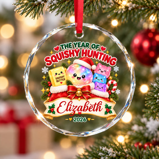 The Year of Squishy Hunting - Personalized Glass Ornament - Christmas Kawaii Gift for Kids
