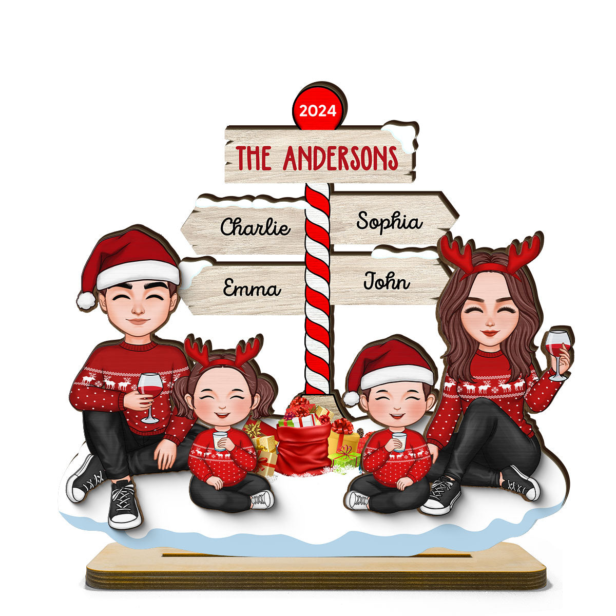 Cute Family Dad Mom Kids Sitting Christmas North Pole Personalized 2-Layer Standing Wooden Plaque