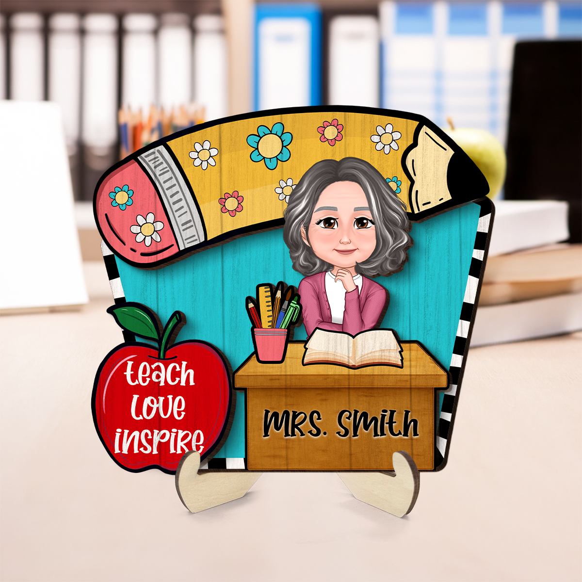 Doll Teacher Sitting At Table Personalized 2-Layer Wooden Plaque, Back to school gift