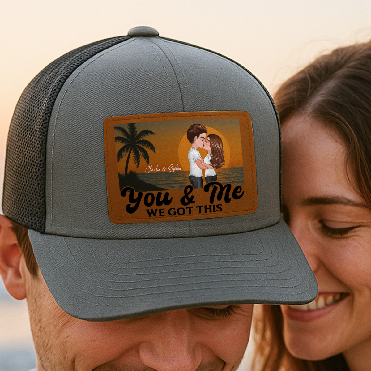 Retro Beach Summer Couple Kissing Personalized Leather Patch Hat