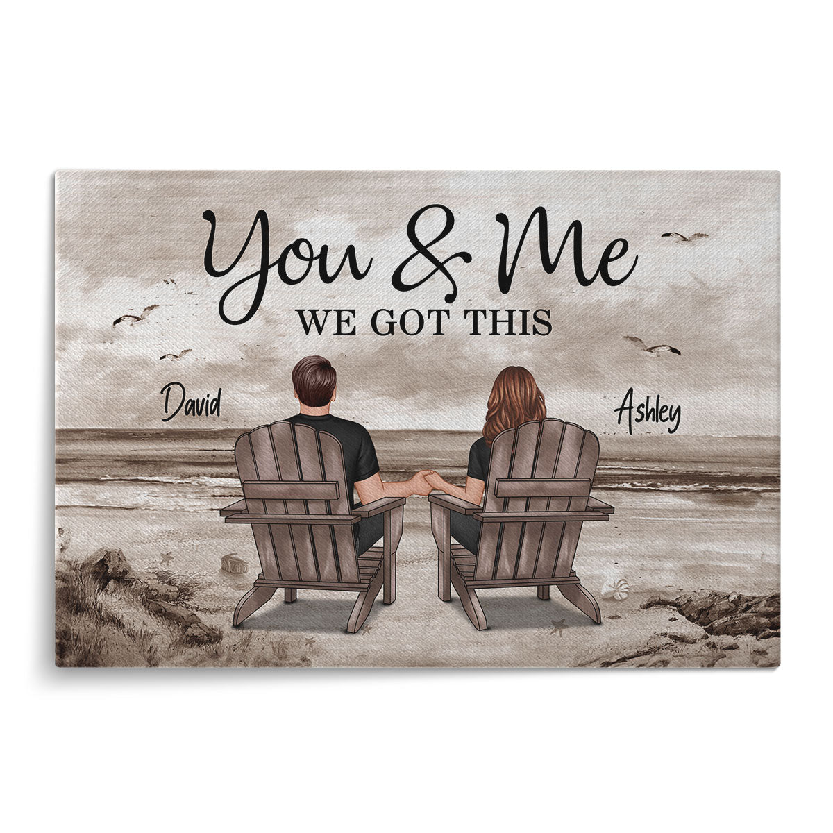 Retro Vintage Back View Couple Sitting Beach Landscape Personalized Canvas, Anniversary Gift For Couple, Husband, Wife, Dad, Mom