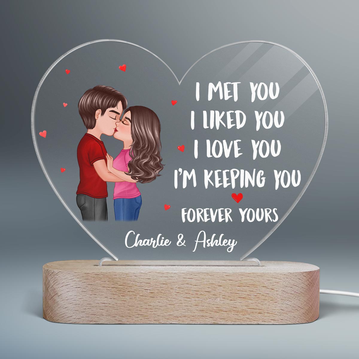 I Met You Doll Couple Kissing  Anniversary Gift For Him For Her Personalized Acrylic Heart Plaque LED Lamp Night Light