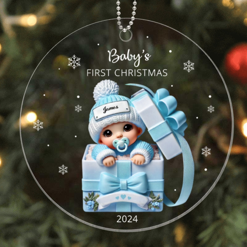 Baby Inside Gift Box Personalized Acrylic Ornament, Baby First Christmas Keepsake