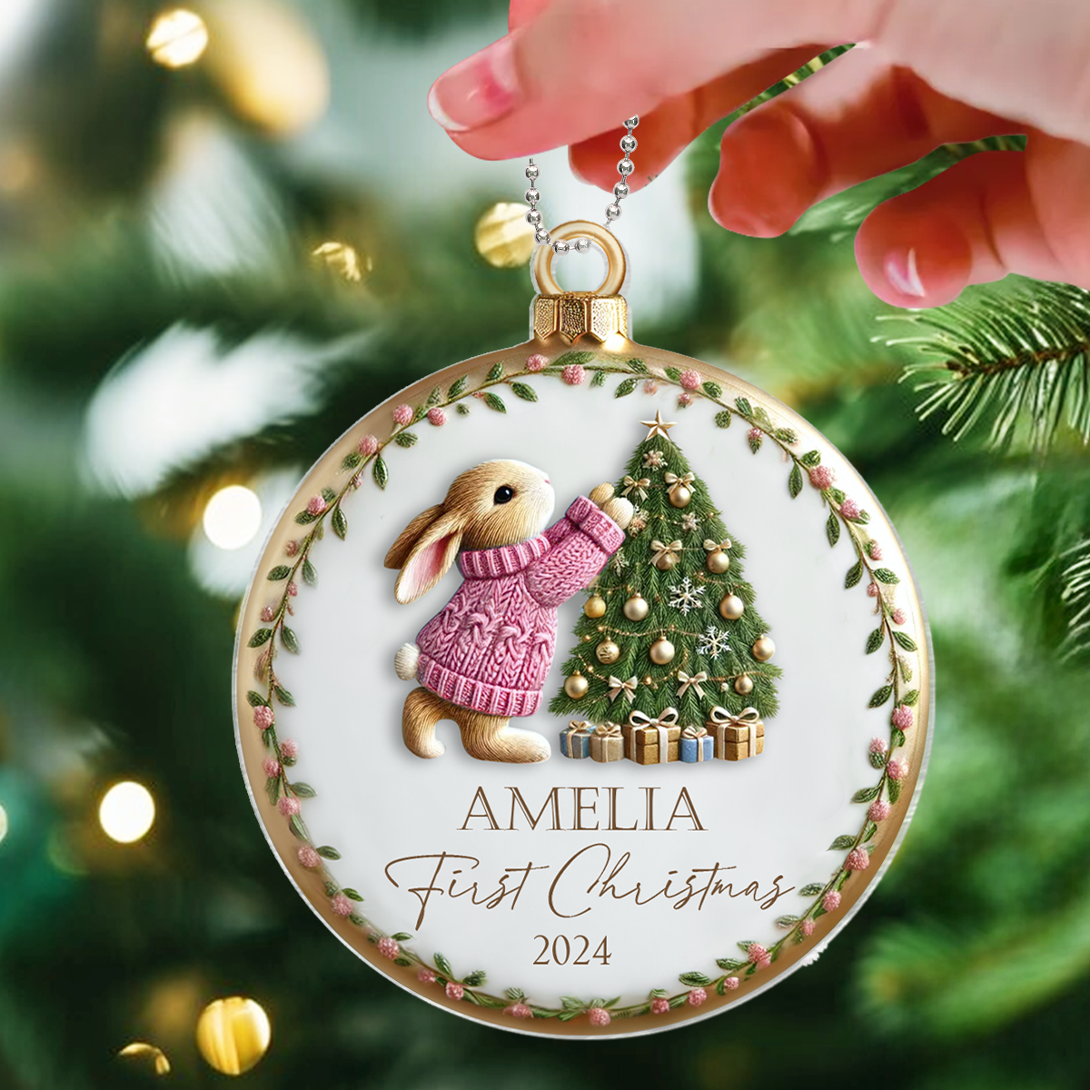 Baby's First Christmas Cute Pink Blue Bunny Rabbit For Baby Boy Girl Personalized Acrylic Ornament, New Parents Keepsake, Gift For Newborn