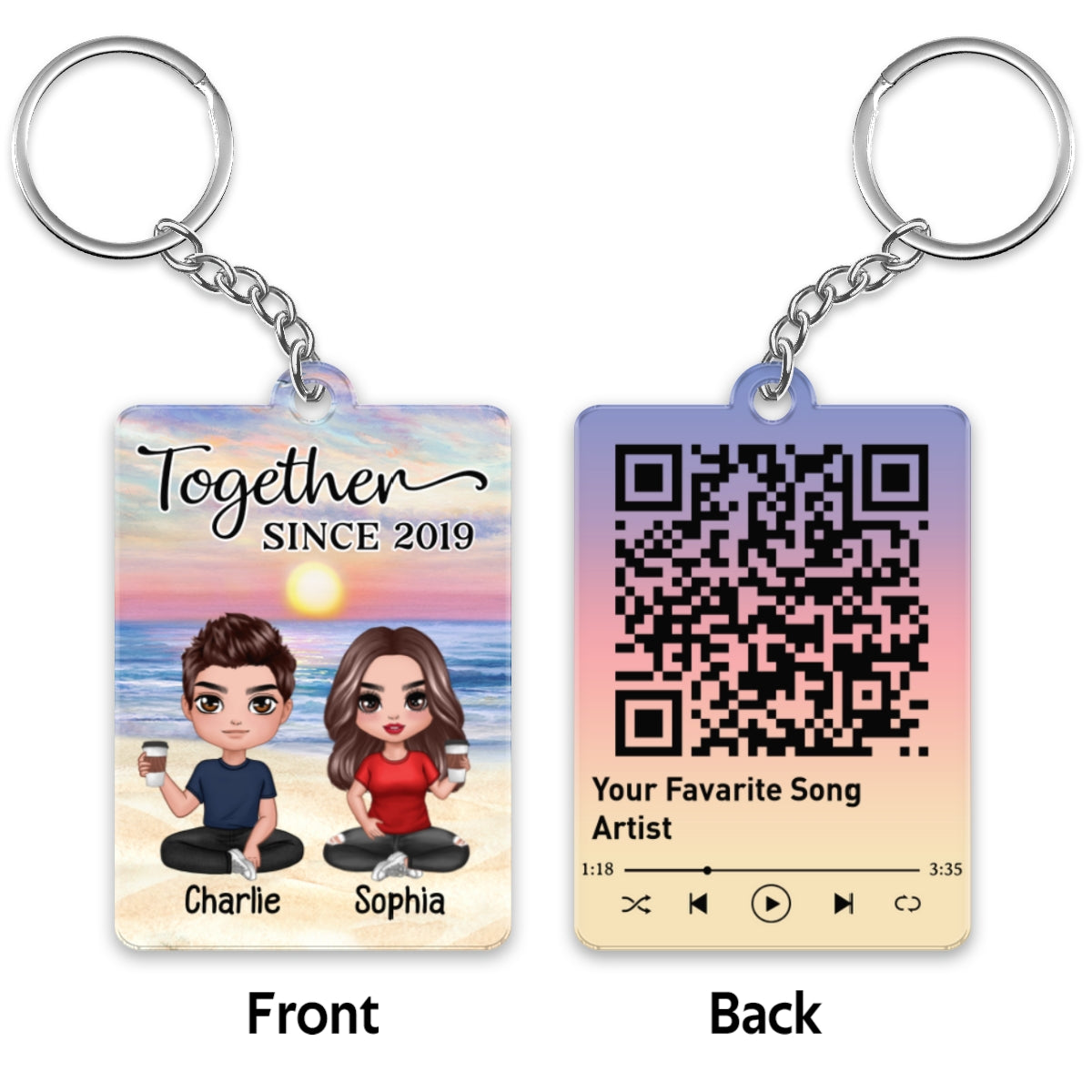 Doll Couple Sitting At Beach Favorite Song Scannable QR Code Personalized Acrylic Keychain