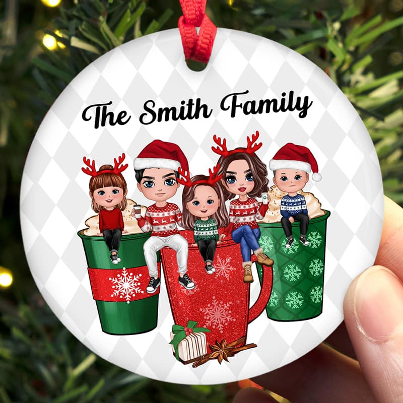 Doll Family Sitting On Christmas Beverage Personalized Circle Ornament