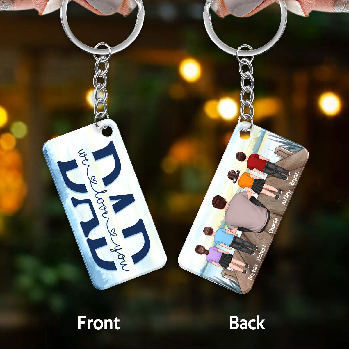 Sitting Dad And Standing Kids Back View Lake Personalized Acrylic Keychain
