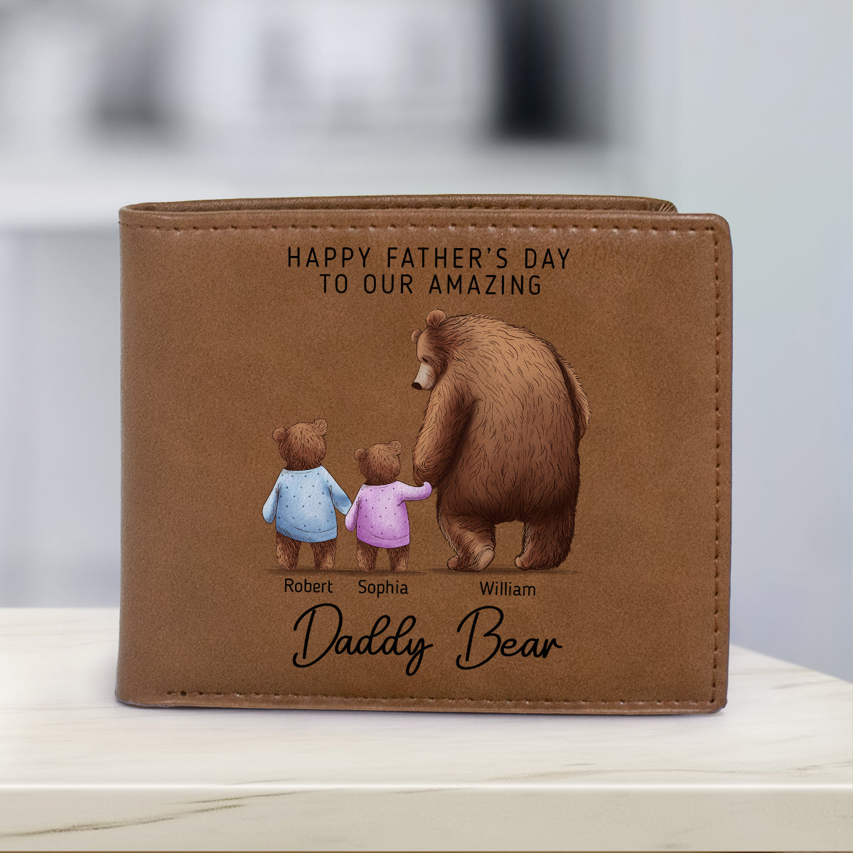Daddy Bear With His Cubs Personalized Printed Leather Wallet