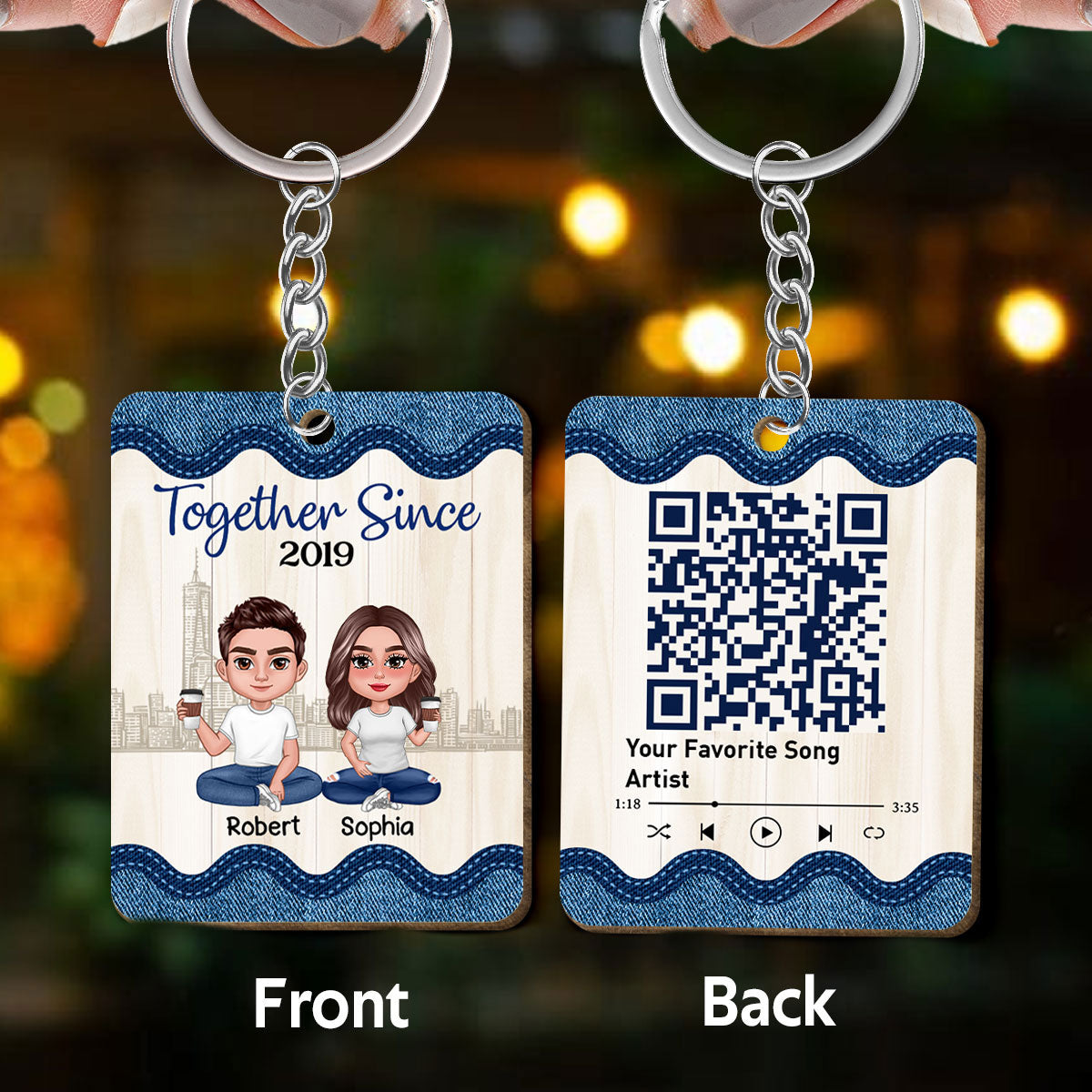 Doll Couple Sitting Denim Frame Favorite Song Scannable QR Code Personalized Wooden Keychain
