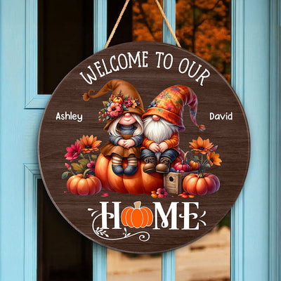Fall Season Gnome Couple Welcome To Our Home Personalized Wood Sign