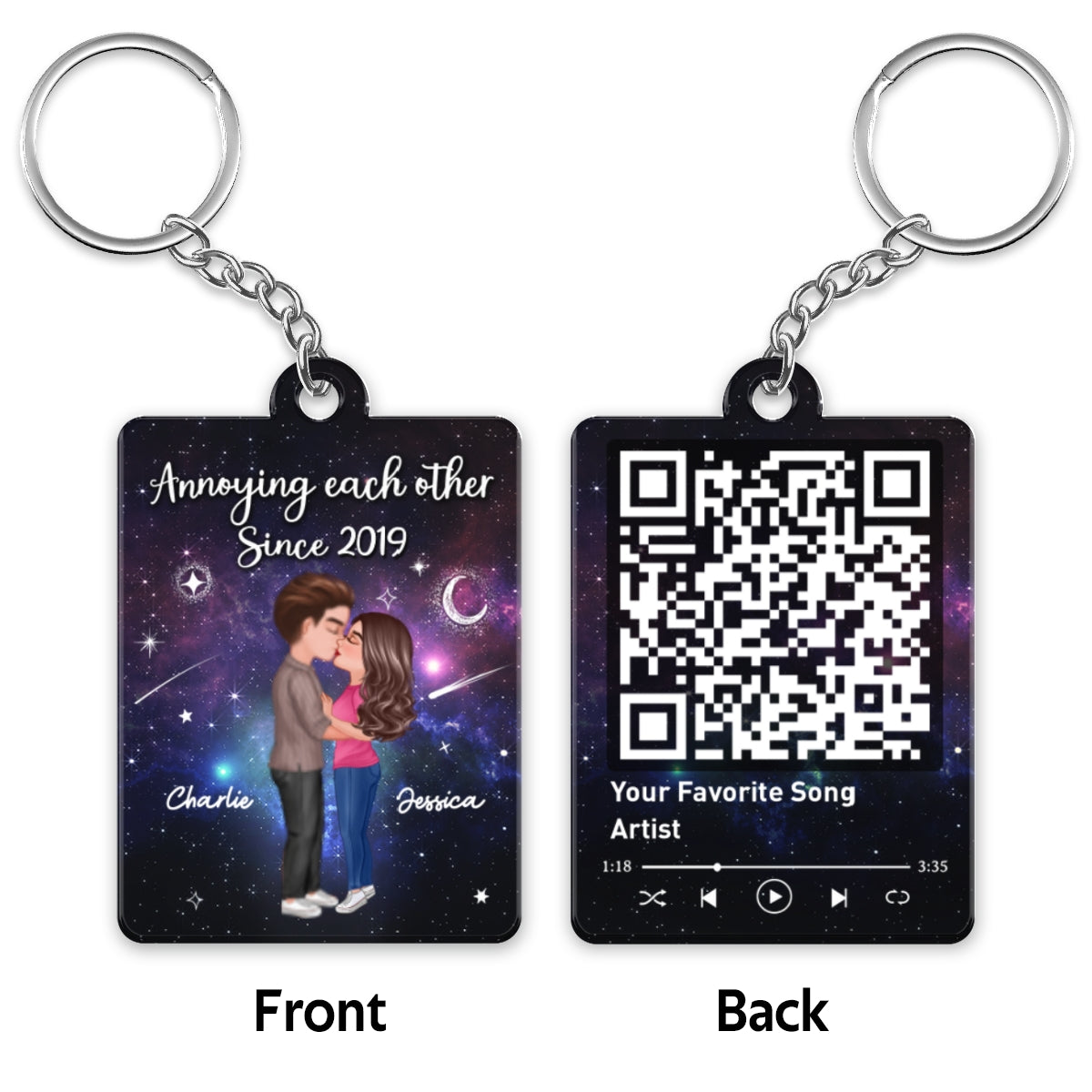 Doll Couple Kissing In Galaxy Night Favorite Song Scannable QR Code Personalized Acrylic Keychain