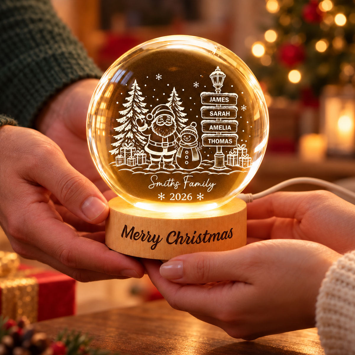 Family Name Sign Post - Personalized Crystal Ball LED Night Light - Christmas Decor for Family
