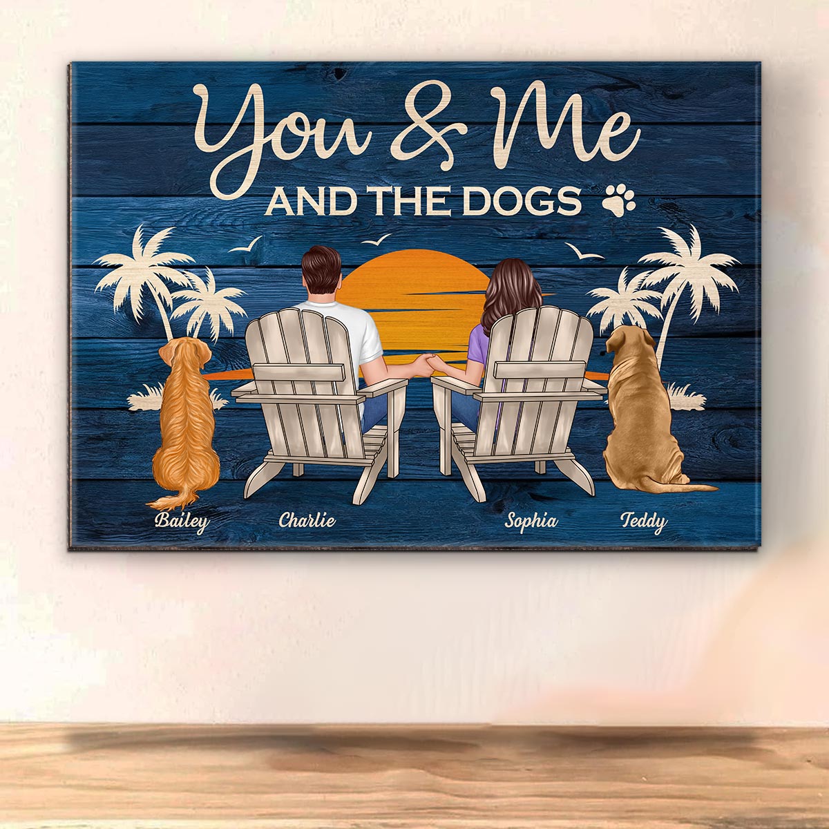 You & Me and The Dogs Couple Sitting Personalized Wood Sign