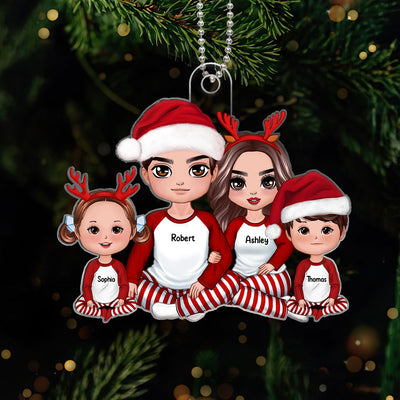Pajamas Doll Family Couple Dad Mom Kids Sitting Christmas Personalized Acrylic Ornament