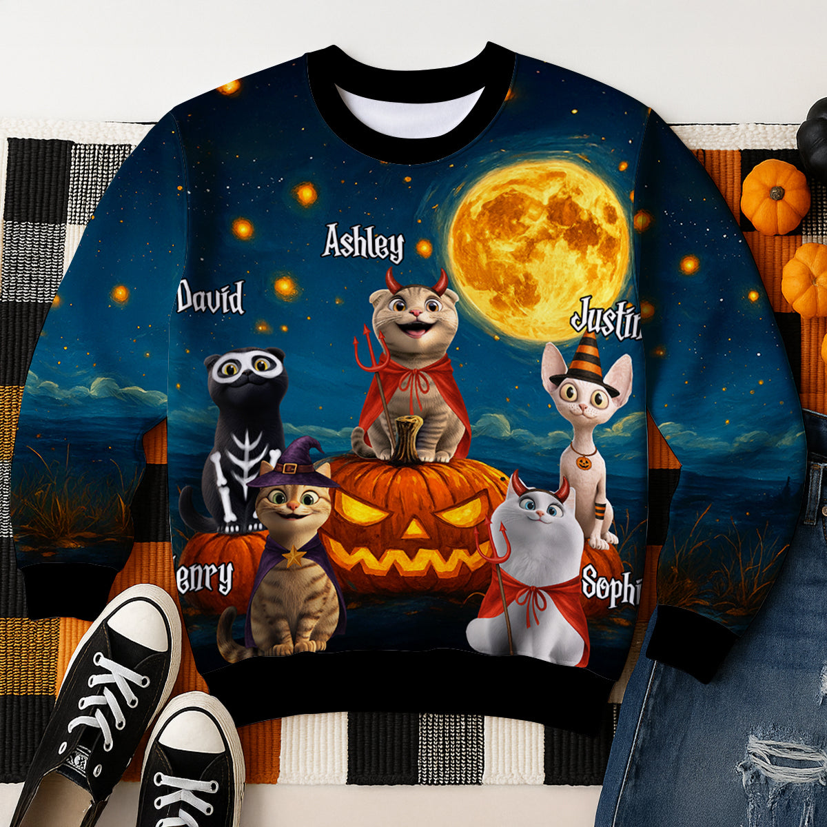 Halloween Cats Sitting in a Starry Night Personalized 3D Sweatshirt, Halloween Costume for Cat Lovers