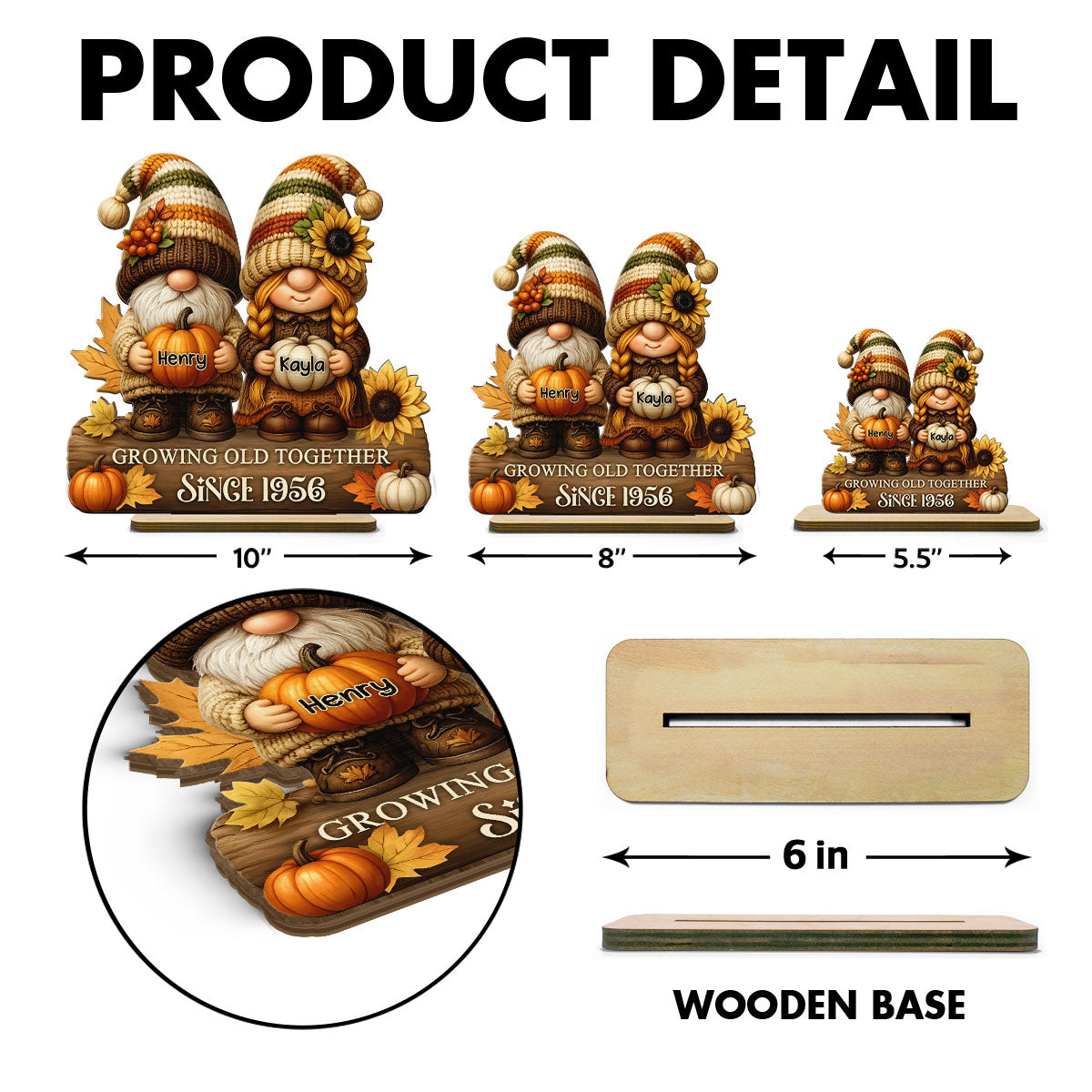 Gnome Couple Growing Old Together Personalized Standing Wooden Plaque, Fall Decor for Couple