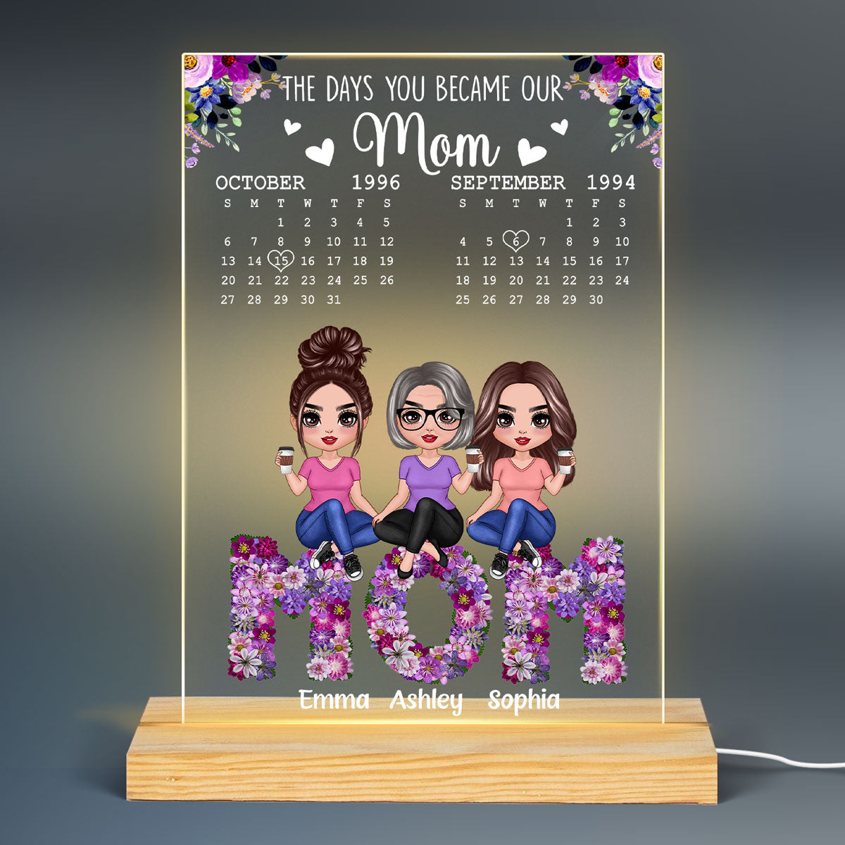 Mom Daughter Son Sitting On Flower Text Calendar Personalized Acrylic LED Night Light