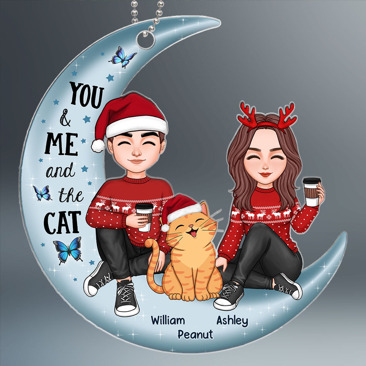Couple And Smiling Cat On Moon Personalized Acrylic Ornament