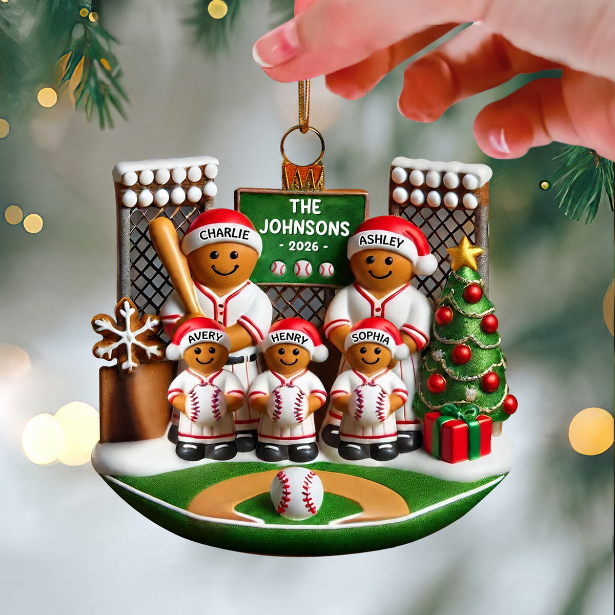 3D Effect Baseball Gingerbread Family On Field Sport Lover - Personalized Acrylic Ornament