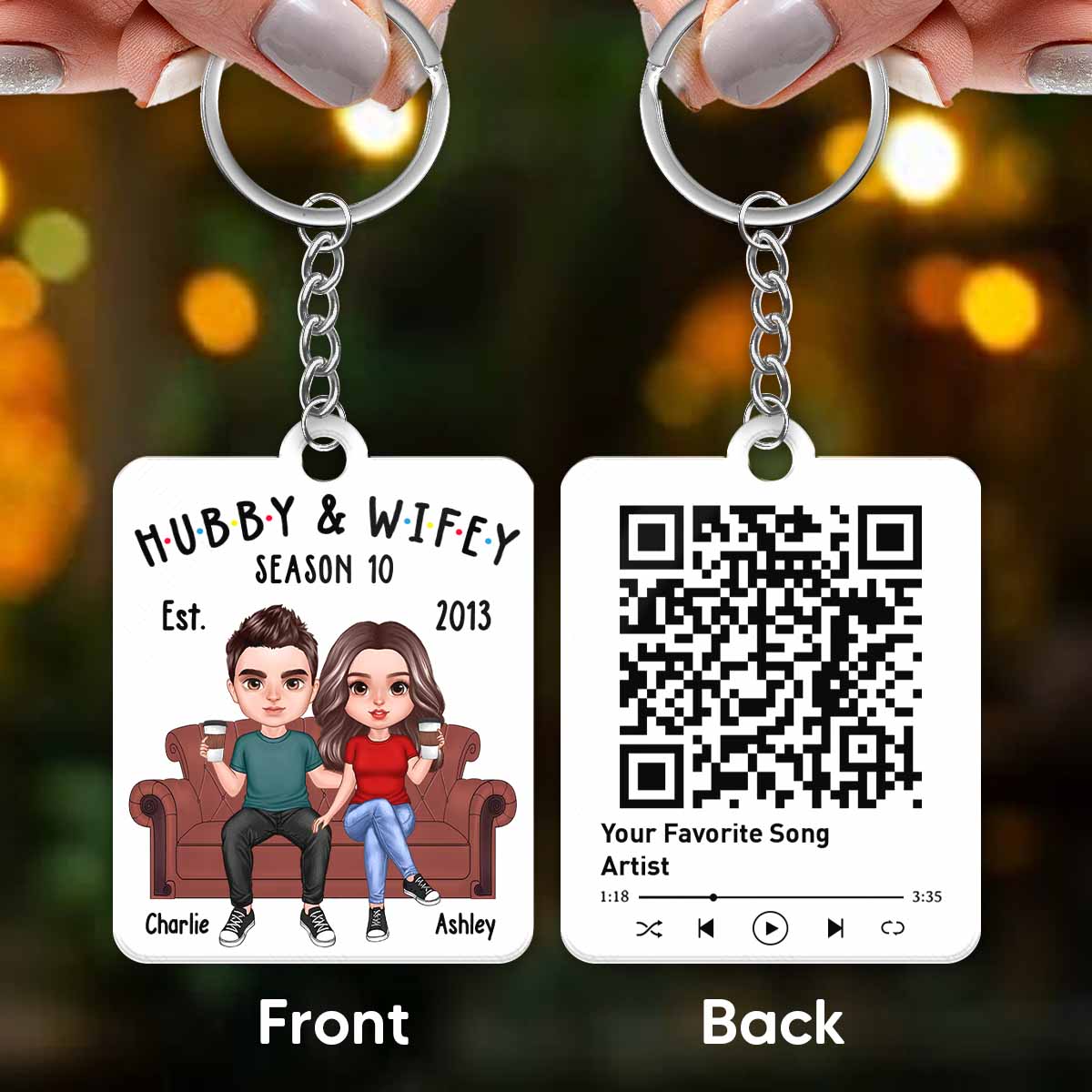 Hubby And Wifey Realistic Couple On Sofa Favorite Song Scannable QR Code Personalized Acrylic Keychain