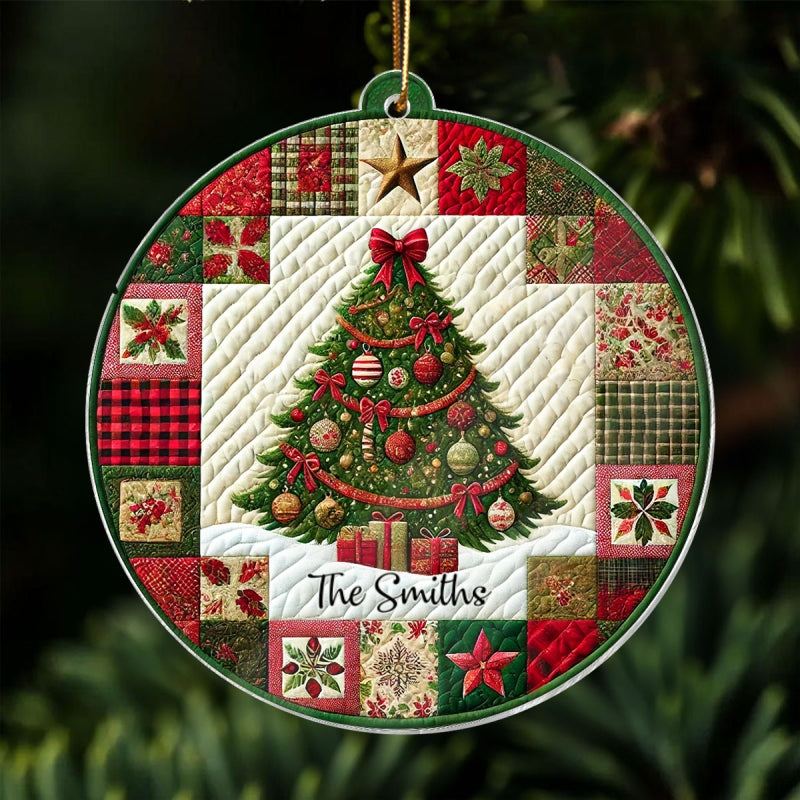 3D Effect Quilting Patchwork Fabric Patterns Christmas Tree Family Name Christmas Personalized Acrylic Ornament