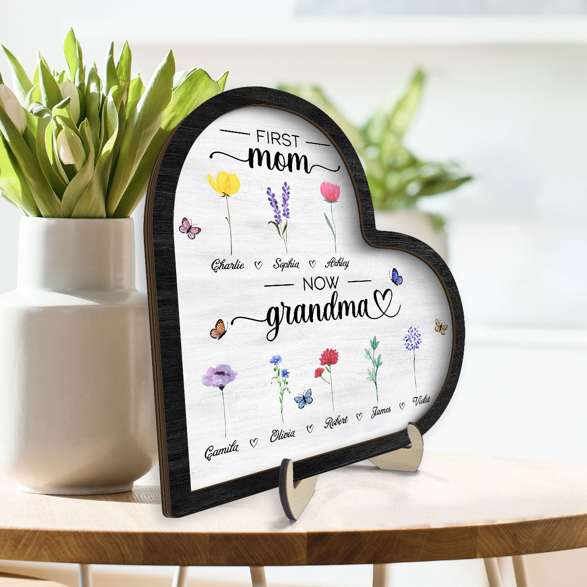 First Mom Now Grandma Birth Month Flowers Heart Shaped Personalized 2-Layer Wooden Plaque