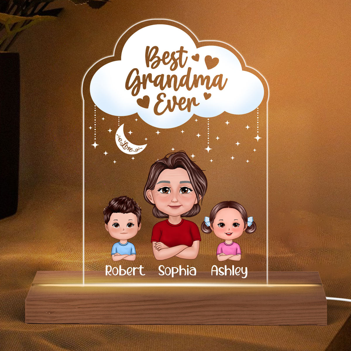 Pretty Doll Grandma Grandkids Moon Cloud Personalized Acrylic Custom Shape LED Night Light