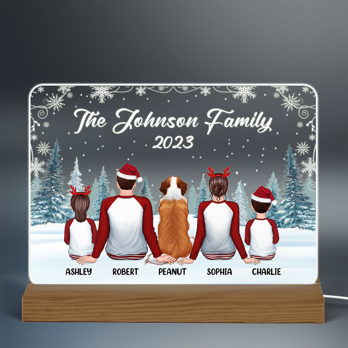 Family In Snow Pajamas Back View Personalized Horizontal Rectangle Acrylic Plaque With LED Night Light