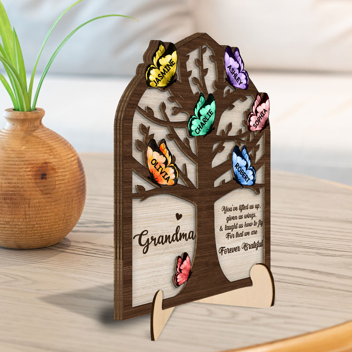 Grandma Mom Tree Butterflies Personalized 2-layer Wooden Plaque