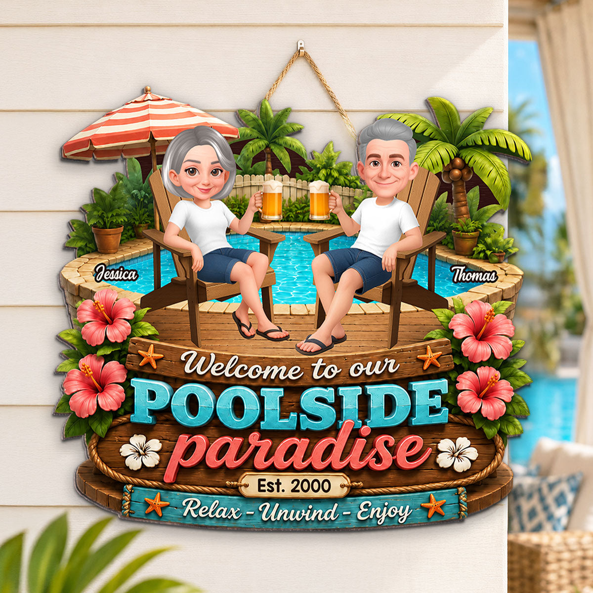 Summer Vibe Welcome To Our Poolside Paradise - Personalized Wood Sign - Gift For Couple, Summer Outdoor Porch, Patio, Bar Decoration