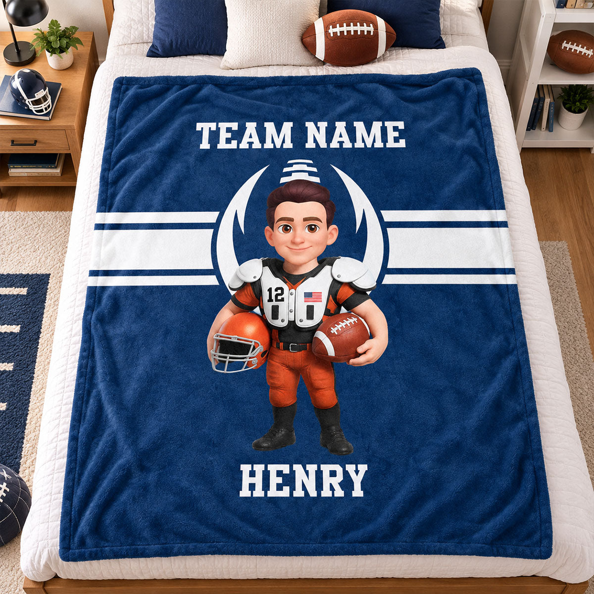 Proud American Football Player Custom Name And Team Name - Personalized Fleece Blanket - Christmas Gift For American Football Players, Grandson, Son